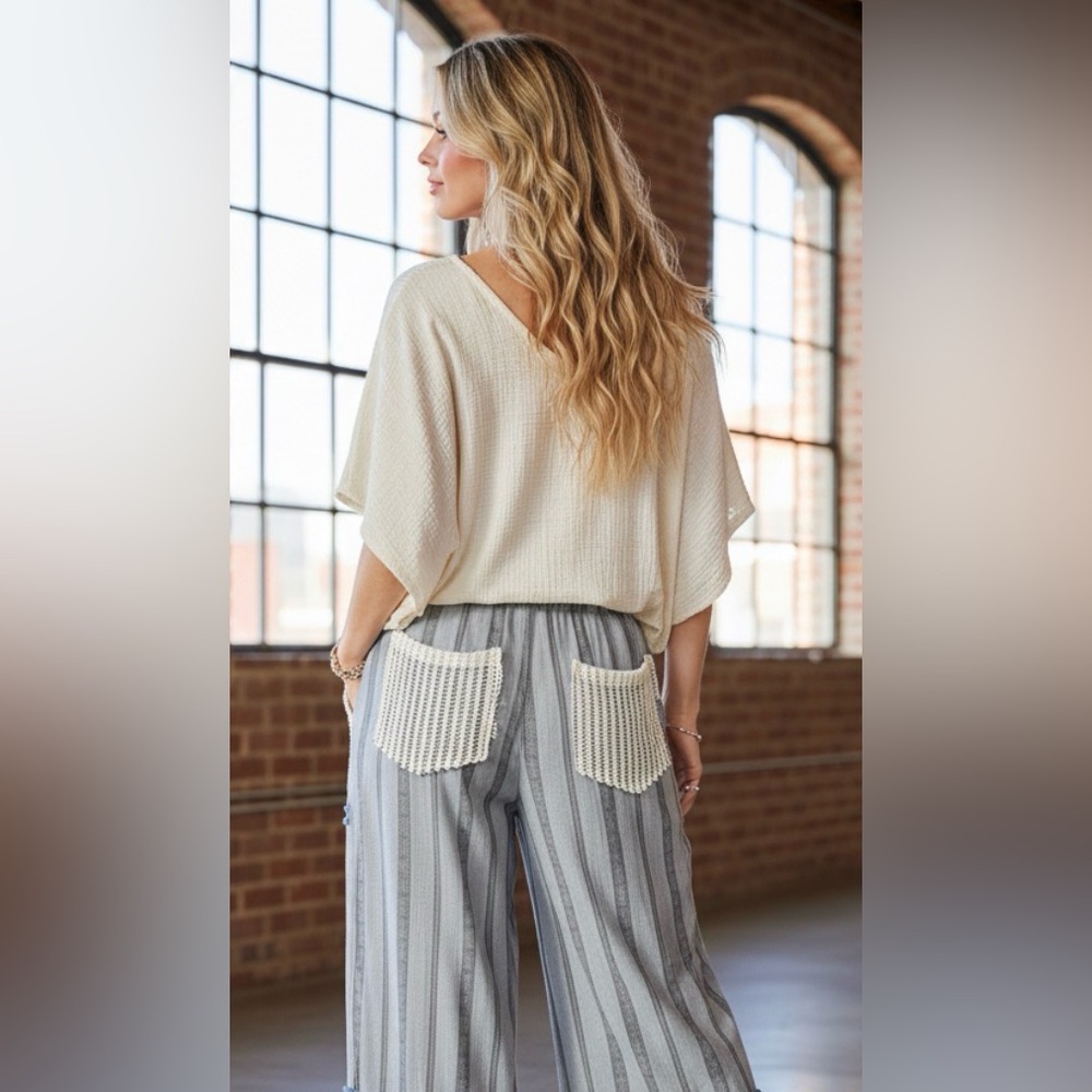 NWT POL Clothing Boho Bohemian Striped Crochet Mesh Patchwork Wide Leg Pants - Picture 8 of 11